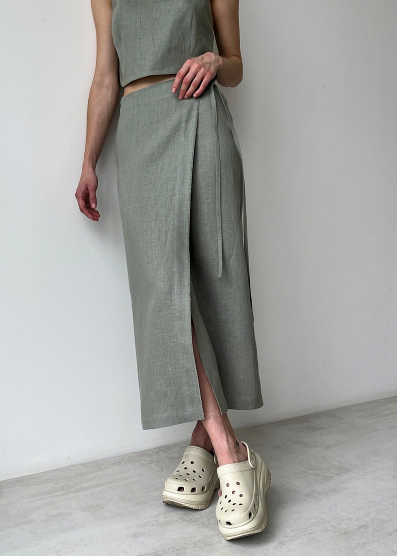 Linen wrap skirt for women, Green linen skirt with slit, High rise pencil skirt, Wrapped skirt, Long straight skirt, Midi belted skirt image 4