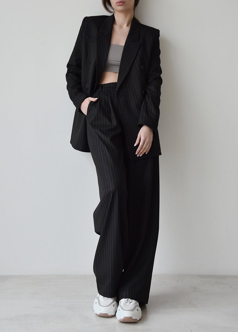 Palazzo pants and blazer, Black high waist wide leg pants, Womens trouser and jacket, Striped women suit image 6