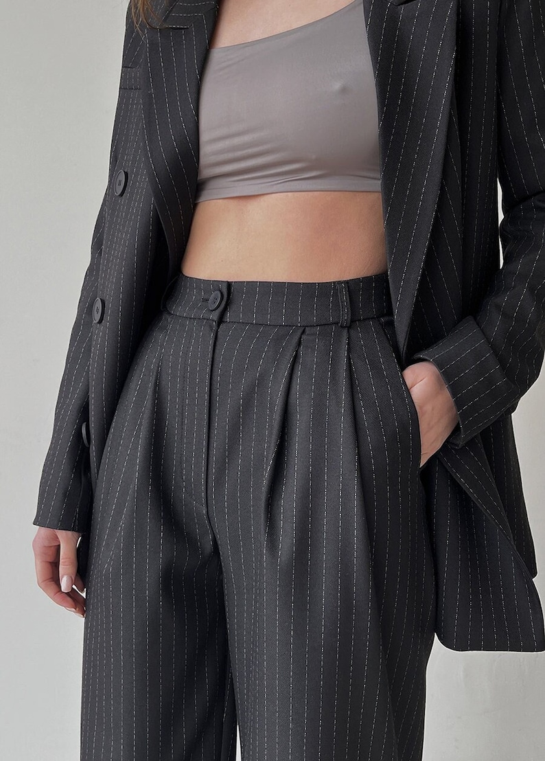 Palazzo pants and blazer, Black high waist wide leg pants, Womens trouser and jacket, Striped women suit image 2