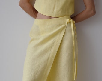 Jupe portefeuille en lin avec fente, jupe en lin jaune, jupe Maxi Wrap pour femmes, jupe Maxi Wrap, jupe Boho, cravate réglable taille haute