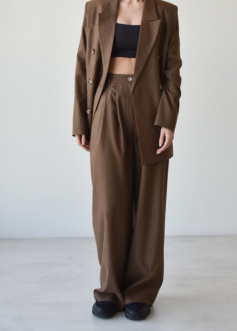 Palazzo pants and blazer, Brown high waist wide leg pants, Womens trouser and jacket, Striped women suit image 2