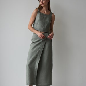 Linen wrap skirt for women, Green linen skirt with slit, High rise pencil skirt, Wrapped skirt, Long straight skirt, Midi belted skirt image 3