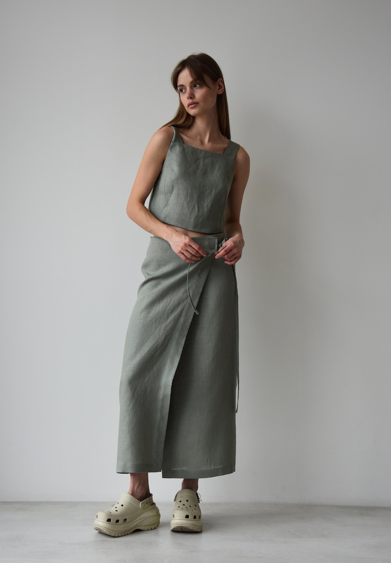 Linen wrap skirt for women, Green linen skirt with slit, High rise pencil skirt, Wrapped skirt, Long straight skirt, Midi belted skirt image 3