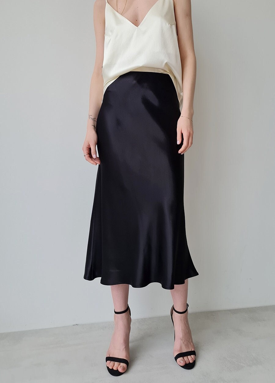 Black Slip Skirt Silky Midi Skirt Bias Cut Skirt A-line - Etsy