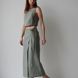 Linen wrap skirt for women, Green linen skirt with slit, High rise pencil skirt, Wrapped skirt, Long straight skirt, Midi belted skirt image 7