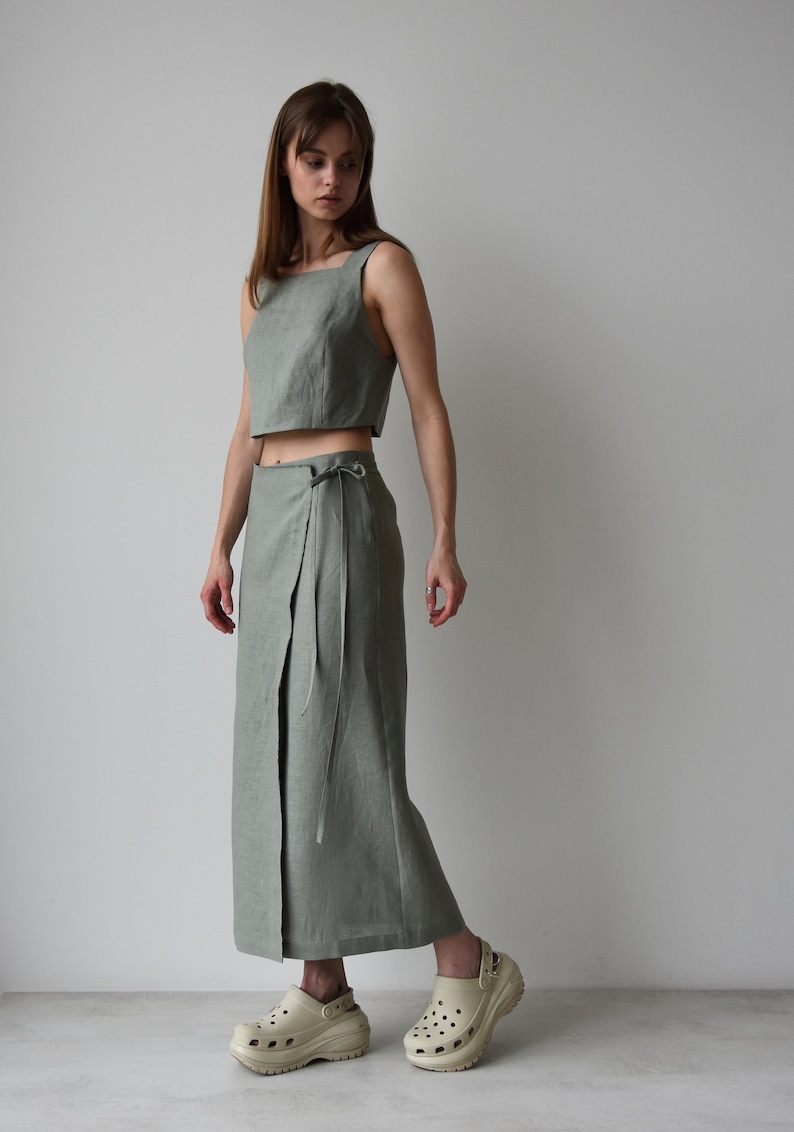 Linen wrap skirt for women, Green linen skirt with slit, High rise pencil skirt, Wrapped skirt, Long straight skirt, Midi belted skirt image 7