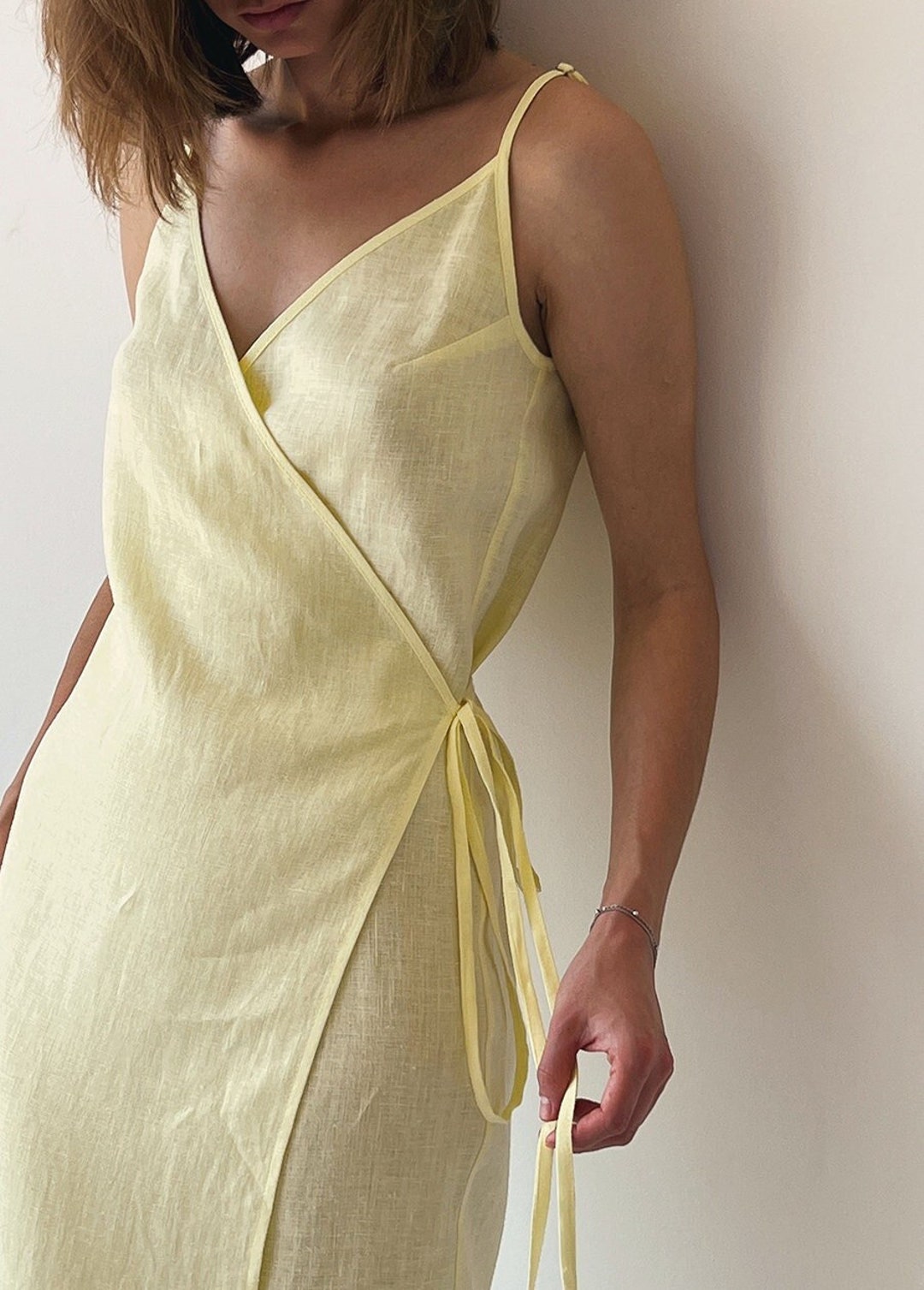 Linen Yellow Summer Wrap Dress, Sleevless Midi Sundress, Casual Linen