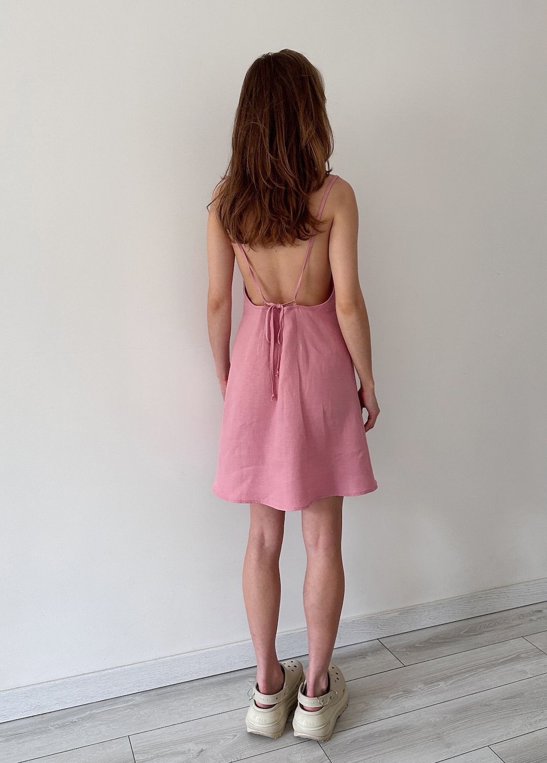 Pink Linen Dress Linen Backless Dress Summer Mini Dress for Women Sleeveless Strappy Dress Open Back Strap Dress Sundress With Slit Etsy UK