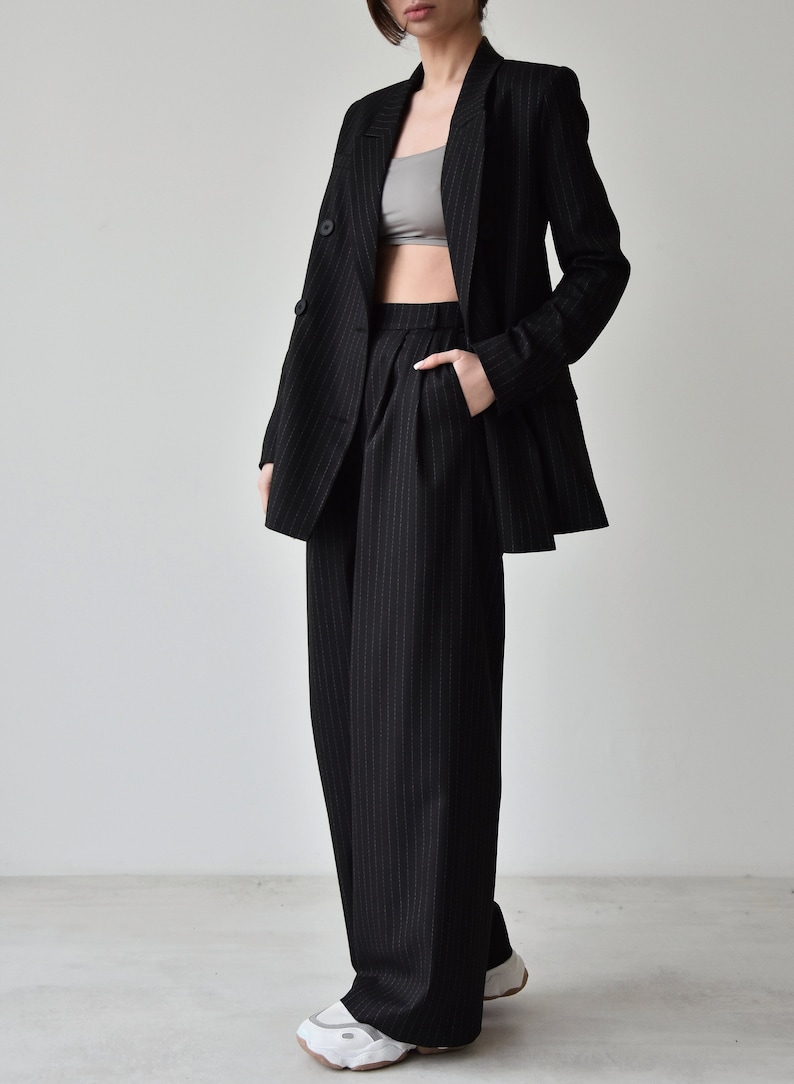 Palazzo pants and blazer, Black high waist wide leg pants, Womens trouser and jacket, Striped women suit image 1