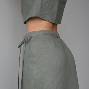 Linen wrap skirt for women, Green linen skirt with slit, High rise pencil skirt, Wrapped skirt, Long straight skirt, Midi belted skirt image 5