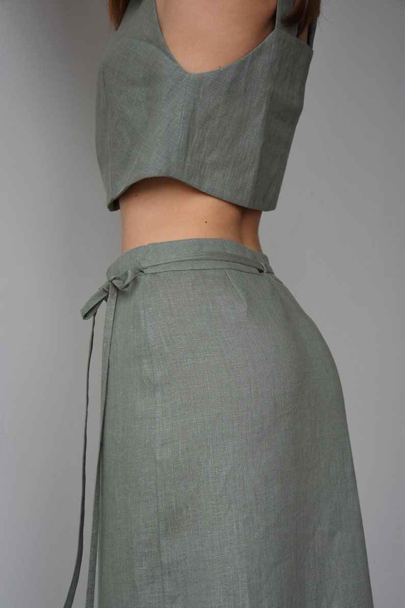 Linen wrap skirt for women, Green linen skirt with slit, High rise pencil skirt, Wrapped skirt, Long straight skirt, Midi belted skirt image 5