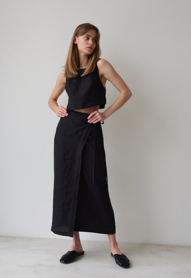 Linen Wrap Skirt and linen crop top, Black Linen Skirt, Wrap Skirt for Women, Maxi Wrap Skirt, Boho Skirt, Womens linen suit image 1
