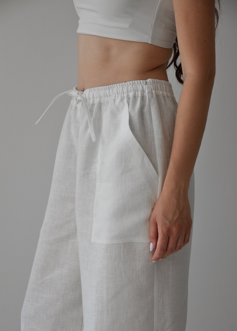 Linen pants for women, Linen wide leg white Pants, Trousers Summer for Capsule Wardrobe, White linen pants, Harem beach pants image 7