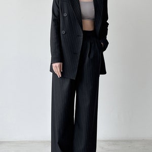 Palazzo pants and blazer, Black high waist wide leg pants, Womens trouser and jacket, Striped women suit image 5