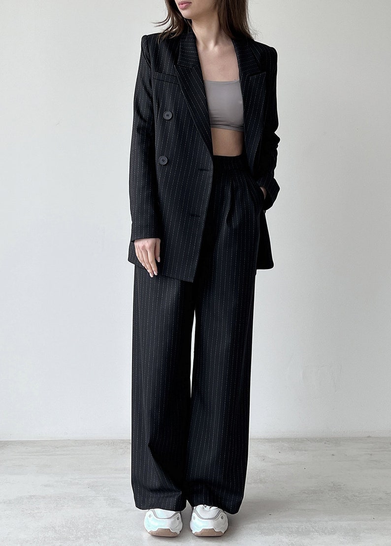 Palazzo pants and blazer, Black high waist wide leg pants, Womens trouser and jacket, Striped women suit image 5