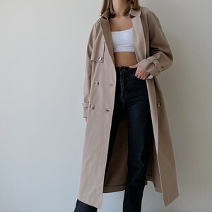 Women's Beige Trench Coat with Shoulder Flaps