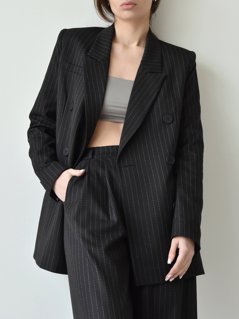 Palazzo pants and blazer, Black high waist wide leg pants, Womens trouser and jacket, Striped women suit image 9