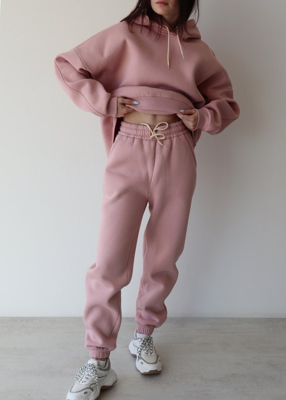 Pink Joggers, High Rise Sweat Pants, Warm Fleece Lined Sweatpants for Women,  Winter High Waisted Sweats, Loose Fit Cotton Trousers 