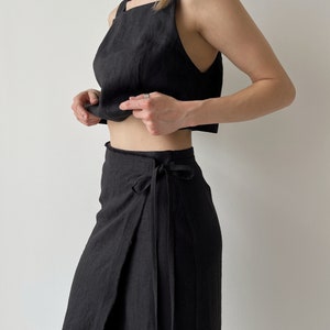 Linen Wrap Skirt and linen crop top, Black Linen Skirt, Wrap Skirt for Women, Maxi Wrap Skirt, Boho Skirt, Womens linen suit image 3