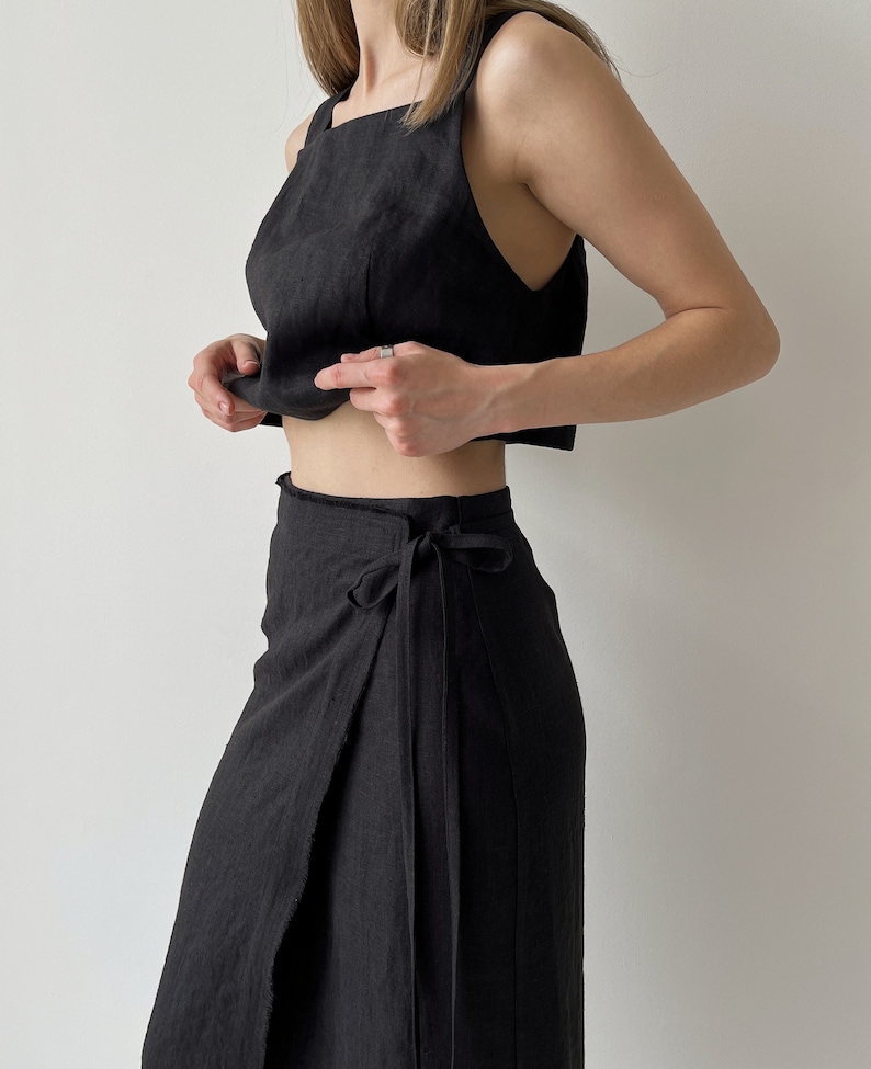 Linen Wrap Skirt and linen crop top, Black Linen Skirt, Wrap Skirt for Women, Maxi Wrap Skirt, Boho Skirt, Womens linen suit image 3