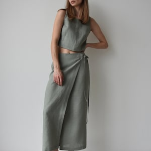 Linen wrap skirt for women, Green linen skirt with slit, High rise pencil skirt, Wrapped skirt, Long straight skirt, Midi belted skirt image 6