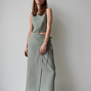 Linen wrap skirt for women, Green linen skirt with slit, High rise pencil skirt, Wrapped skirt, Long straight skirt, Midi belted skirt image 4