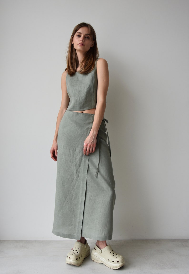 Linen wrap skirt for women, Green linen skirt with slit, High rise pencil skirt, Wrapped skirt, Long straight skirt, Midi belted skirt image 4