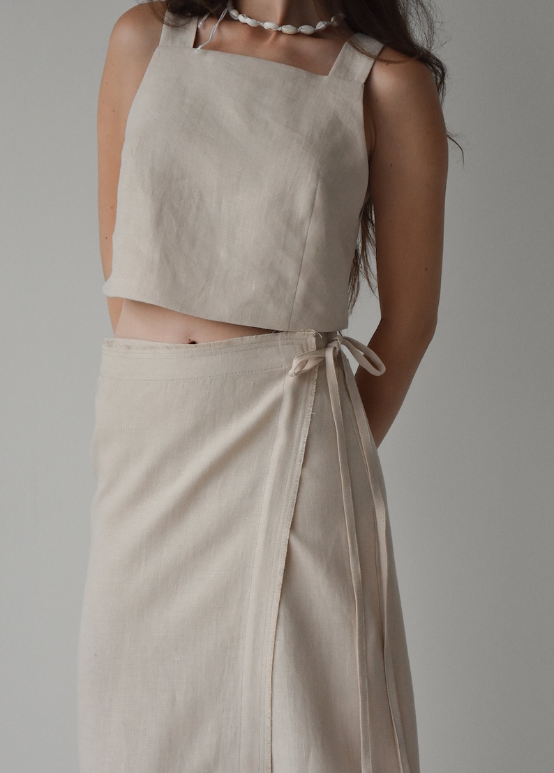 Linen wrap skirt for women, Beige linen skirt with slit, High rise pencil skirt, Wrapped skirt, Long straight skirt, Midi belted skirt image 1