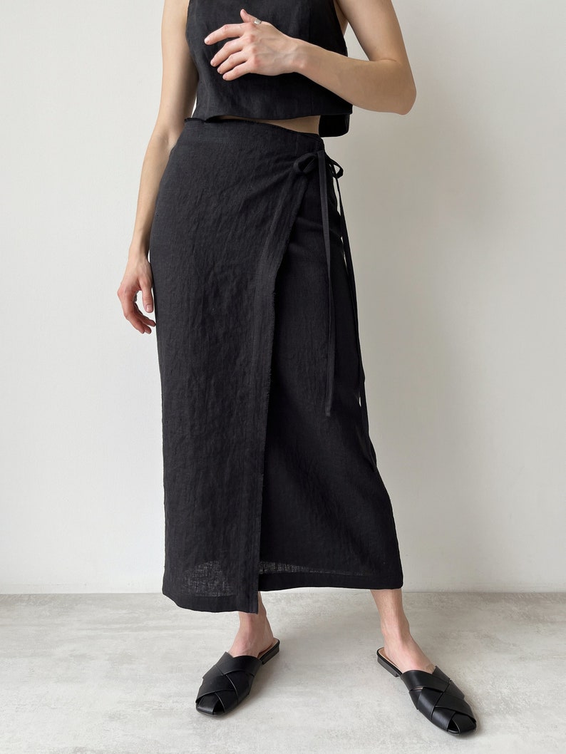 Linen Wrap Skirt with Slit, Black Linen Skirt, Maxi Wrap Skirt for Women, Maxi Wrap Skirt, Boho Skirt, High Waist Adjustable Tie image 1