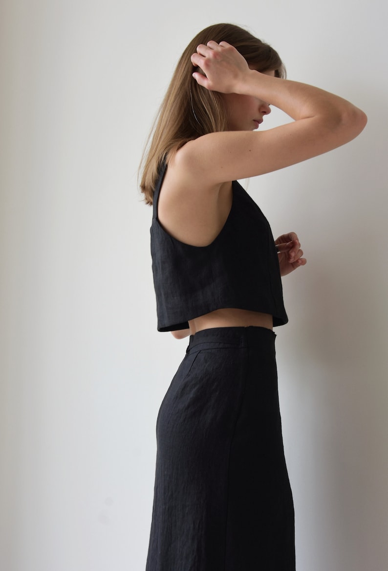 Linen Wrap Skirt and linen crop top, Black Linen Skirt, Wrap Skirt for Women, Maxi Wrap Skirt, Boho Skirt, Womens linen suit image 4