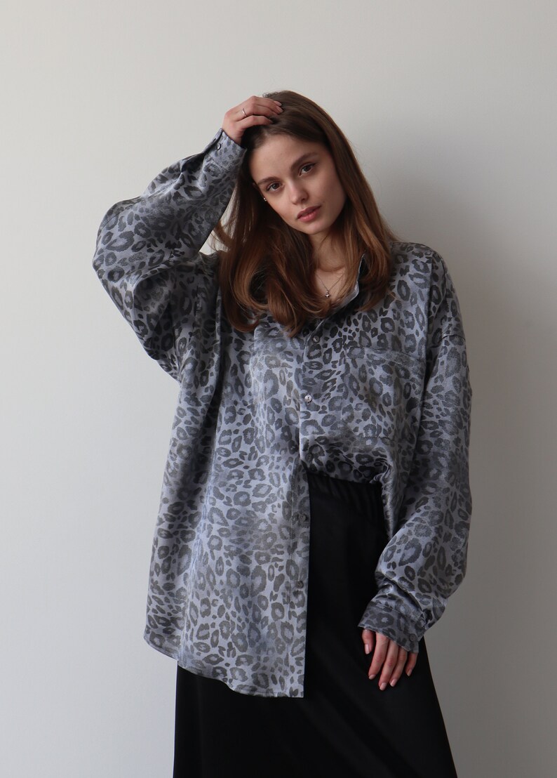 Leopard print shirt for women, Oversized viscose shirt , Shirt button up, Animal print womans shirt, Viscose blouse image 5