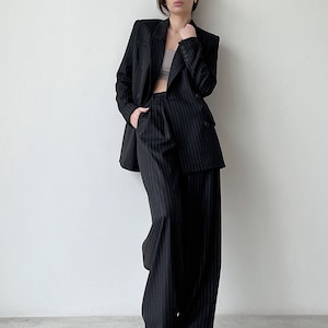 Palazzo pants and blazer, Black high waist wide leg pants, Womens trouser and jacket, Striped women suit image 4