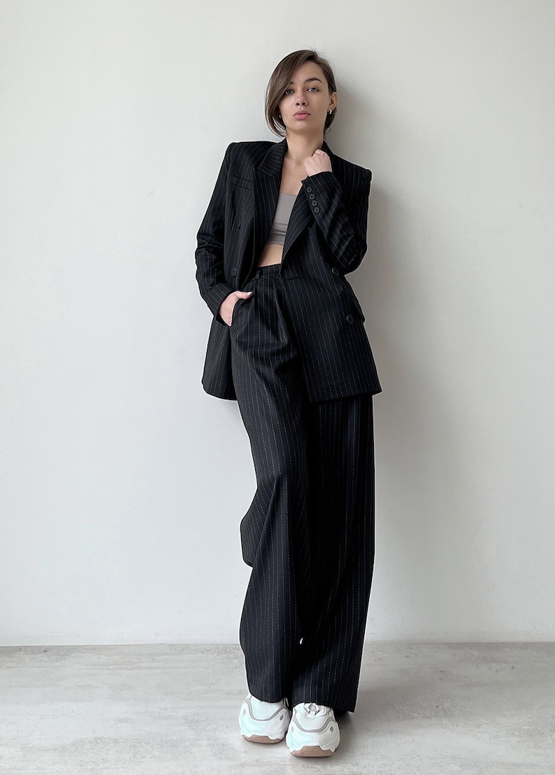 Palazzo pants and blazer, Black high waist wide leg pants, Womens trouser and jacket, Striped women suit image 4