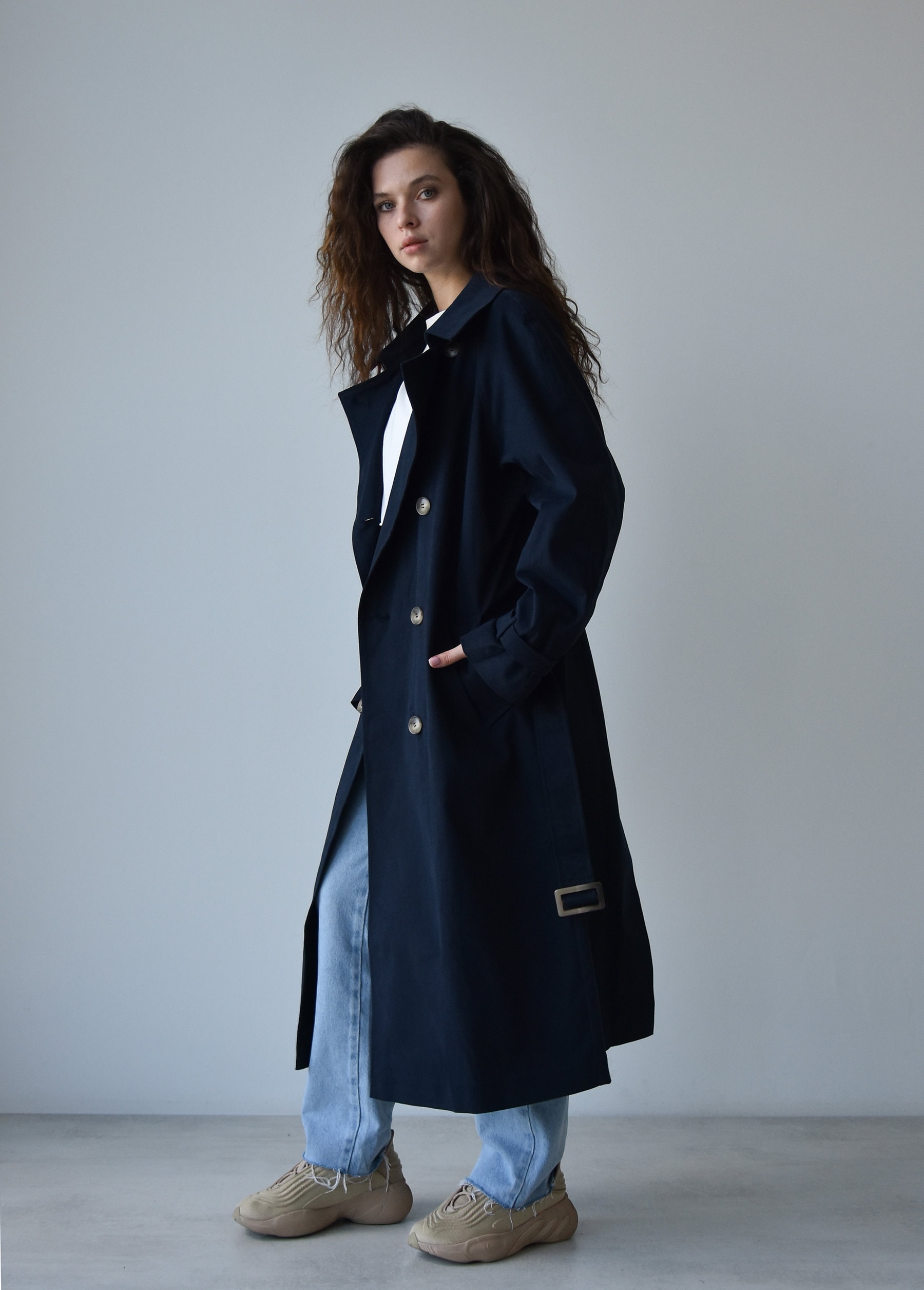 Long blue hotsell trench coat