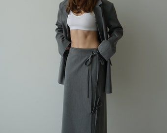 Gray Wrap Skirt with Slit, Casual Skirt, Maxi Suit Skirt for Women, Maxi Wrap Skirt, Raw edge Skirt