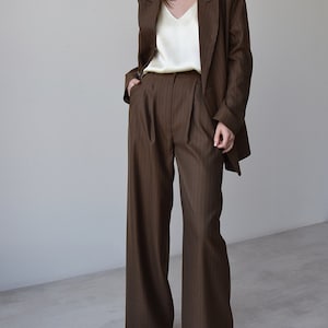 Palazzo pants and blazer, Brown high waist wide leg pants, Womens trouser and jacket, Striped women suit image 7