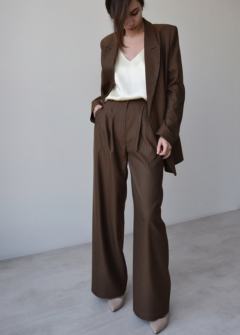 Palazzo pants and blazer, Brown high waist wide leg pants, Womens trouser and jacket, Striped women suit image 7