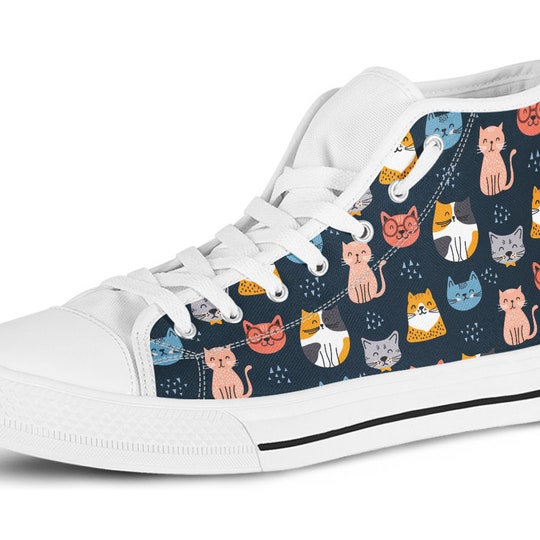 Disover Navy Cute Cat High top Shoes, Custom Kitty Shoes, Cute sneakers, women, men or kids sneakers