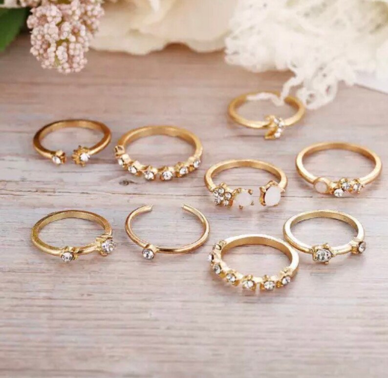 9 Piece Rhinestone Star Ring Dainty Gold Stacking Ring Set - Etsy