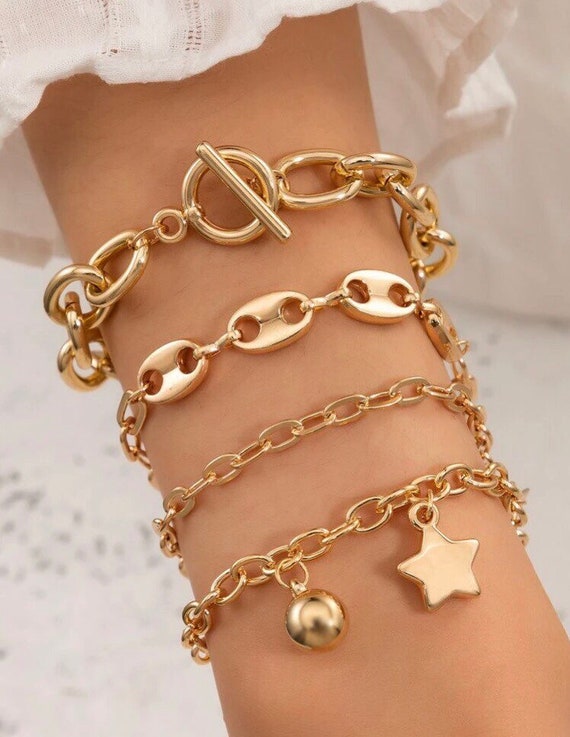 4 Piece Star Charm Chain Bracelet Chunky Gold Bracelet Link