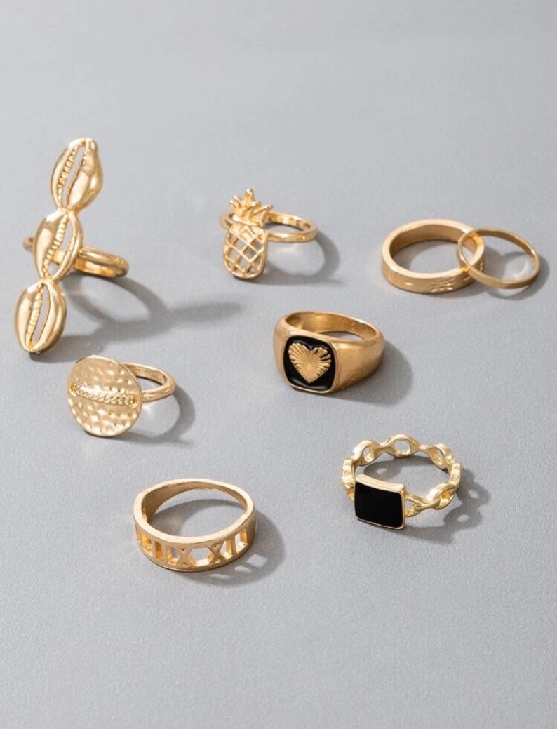 Gold Stacking Ring Stacking Ring set Stacking Ring Set 8 piece shell Ring Gold Heart Stacking Ring Set Bohemian Ring Gold Ring Set