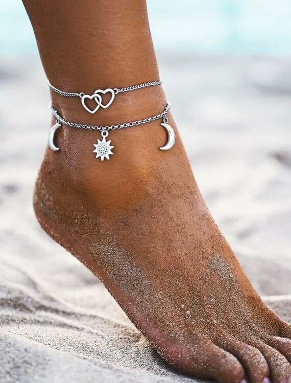 Moon Sun Charm Chain Anklet Celestial Ankle Bracelet Sliver
