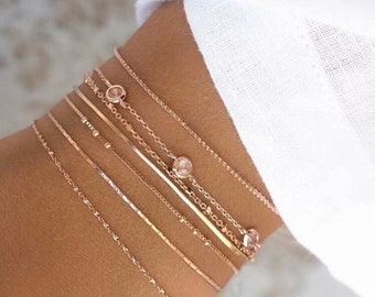 7 Piece Minimalist Rose Gold Bracelet Set, Dainty Rose Gold Bracelet Set, Pretty Bracelet Set, Simple Rose Gold Bracelet Set,