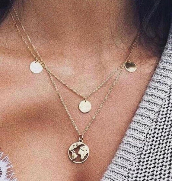 World Map Necklace World Traveler Gold Layered Necklace Jewelry