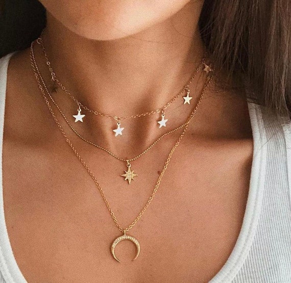 Multi Layer star Moon Necklace Set Gold Pendant Necklace