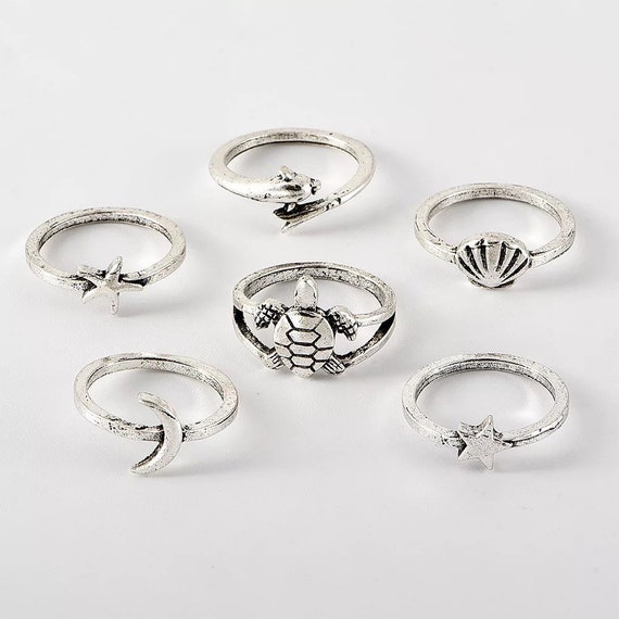 6 Piece Beachy Ring Set Cute Beach Themed Rings Whimsical Beach