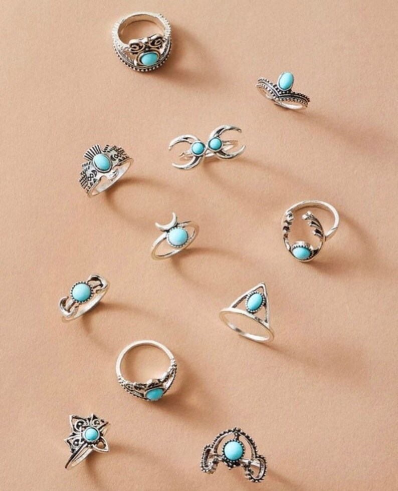 Turquoise Vintage Stacking Ring Set Bohemian Stack Ring Set Etsy