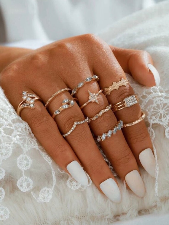 11 Piece Minimalist Gold Ring Set Gold Rhinestone Ring Set