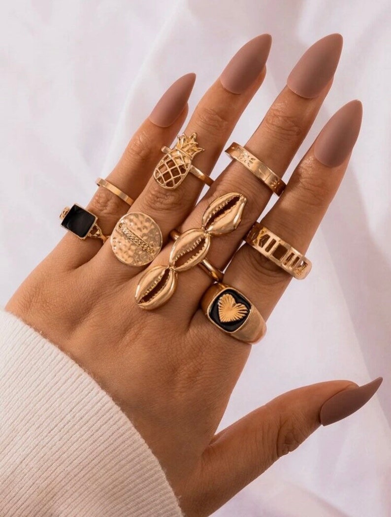 Gold Stacking Ring Stacking Ring set Stacking Ring Set 8 piece shell Ring Gold Heart Stacking Ring Set Bohemian Ring Gold Ring Set