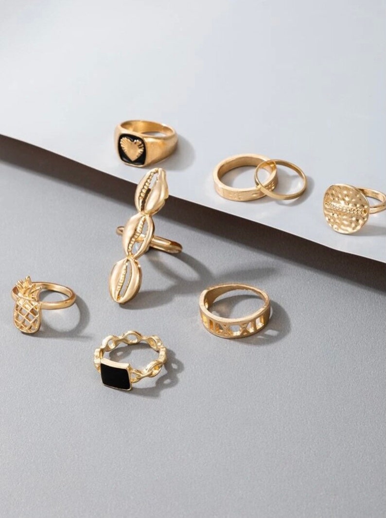 Gold Stacking Ring Stacking Ring set Stacking Ring Set 8 piece shell Ring Gold Heart Stacking Ring Set Bohemian Ring Gold Ring Set